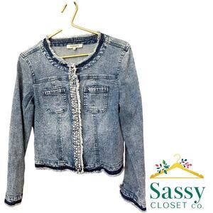 ✨ MORGAN DE TOI Paris Pearl Trim Raw Hem Denim Jacket S 🇫🇷